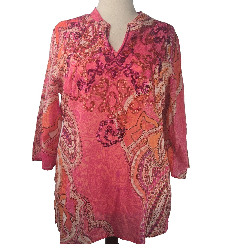 Chico's Size 2 Pink Paisley Sequin Embellished Cotton Tunic Top